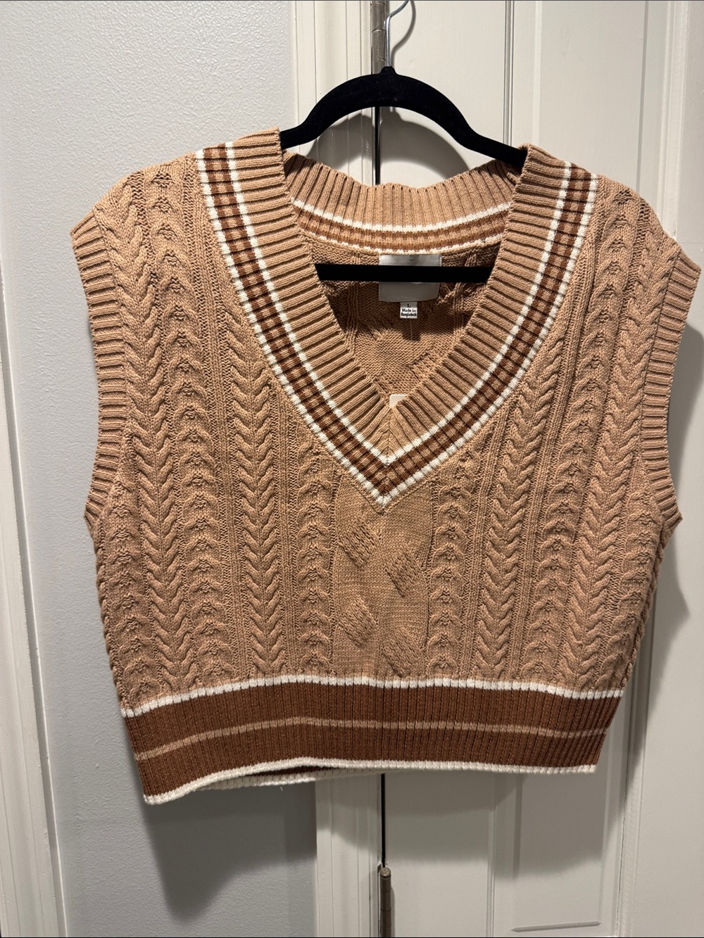 Pink Rose Camel and White V-Neck Cable Knit Sweater Vest